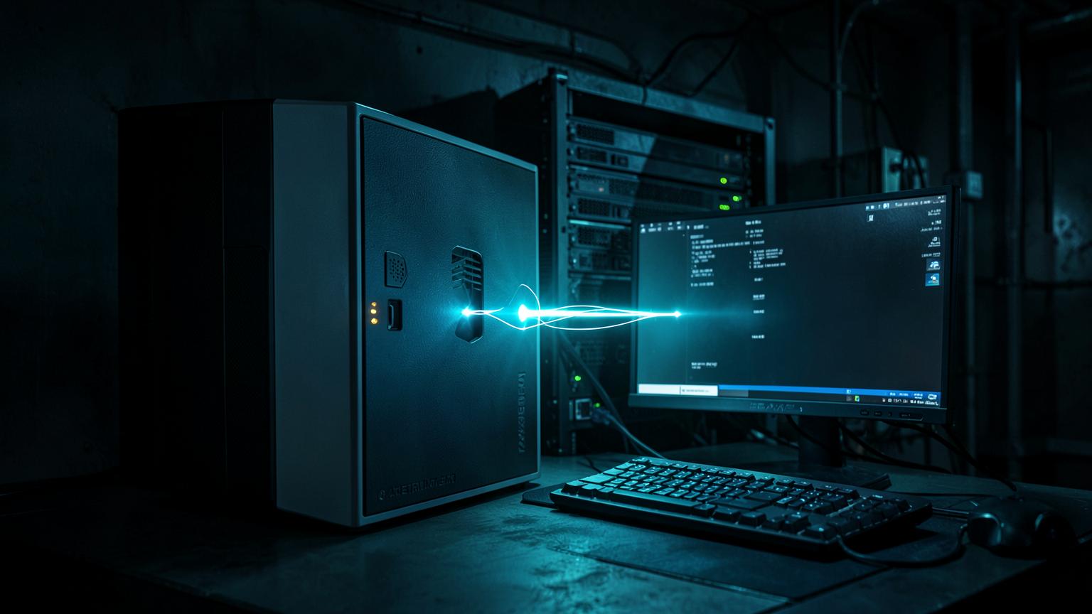 Security gateway appliance linked to a protected office workstation by a glowing secure connection
