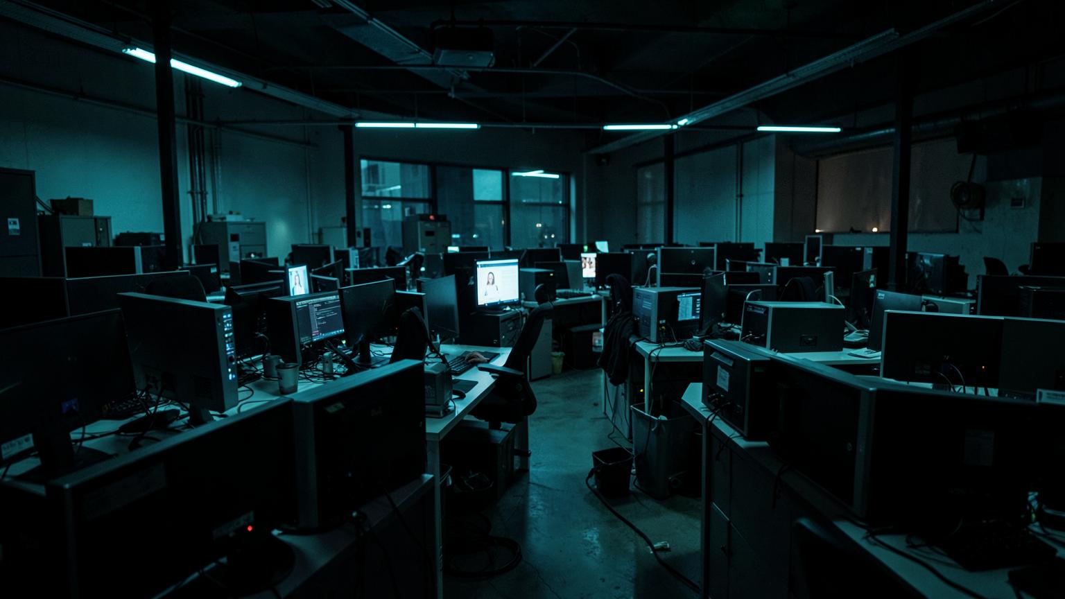 Corporate office of centrally managed desktop workstations with a single administration console lit