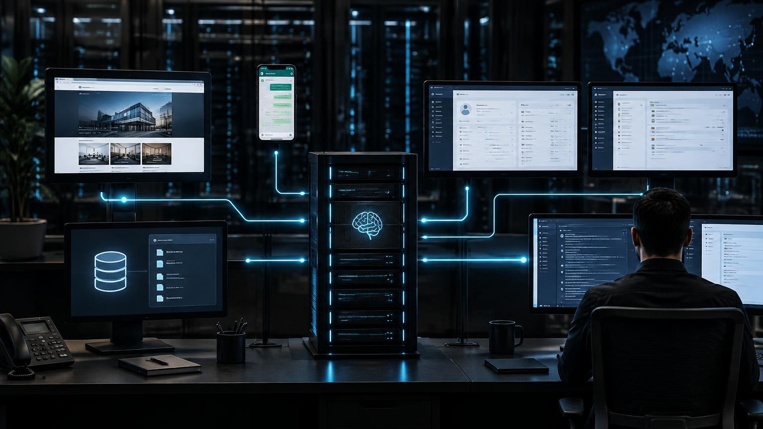 Secure AI chatbot integration connecting a business website, WhatsApp, approved knowledge, CRM, helpdesk and a human support desk
